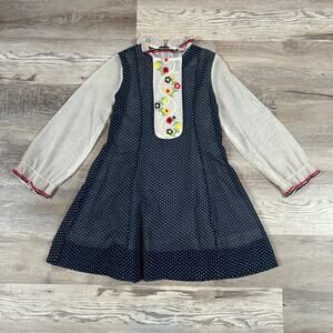 Youngland Vintage Girls Dress Navy Embroidered Bib Prairie Long Sleeve 60s